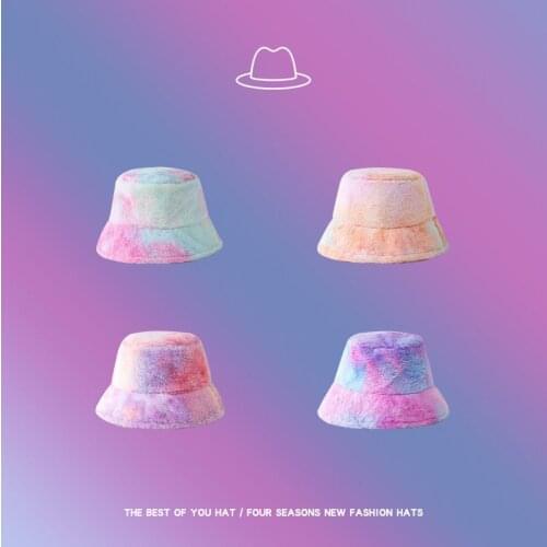 New WomenS Hat Rainbow Plush Fisherman Hat Winter Color Tie-Dye Cute Pot Hat Tide Warm Hat