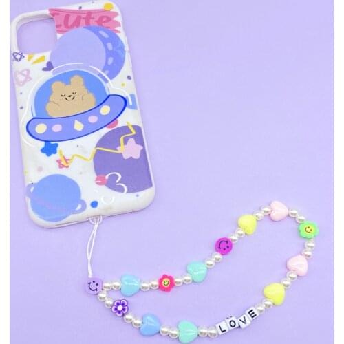 Love Heart Smile Face Beaded Chian Phone Strap Hang Rope Girls Phone Charm Anti-lost Lanyard For Women Summer Accessories