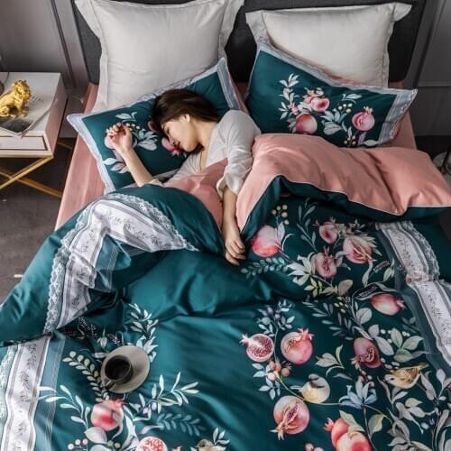 600TC Egyptian Cotton Bed Linen Sheets Satin Bedding Sets Duvet Cover Flower Print Girls Pastoral Princess Bedspreads #sw