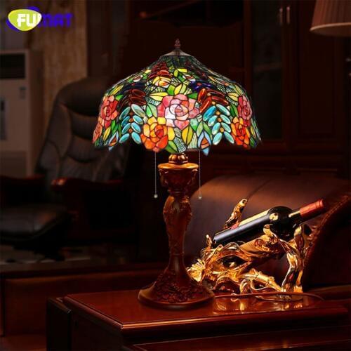 FUMAT Art Glass Table Lamps American Garden Stained Glass Rose Lamp Shade Table Lamps Living Room Bedrooms Romantic Bedside Lamp