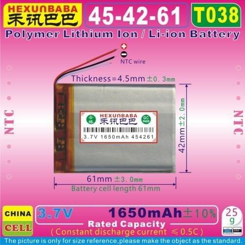 [T038] 3.7V 1650mAh [454261] NTC ; 3 THREE WIRE;Polymer lithium ion / Li-ion battery for tablet pc,cell phone,POWER BANK,E-BOOK