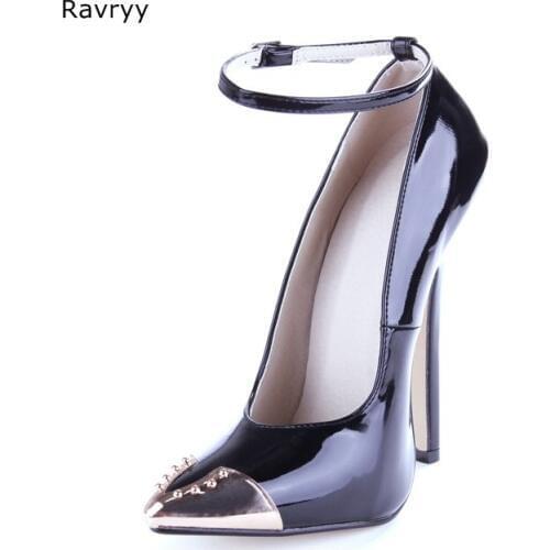 Black Woman high heel Golden Pointed Toe rivets Sexy Pumps thin heel female shoes stiletto Model Show club party dance shoes
