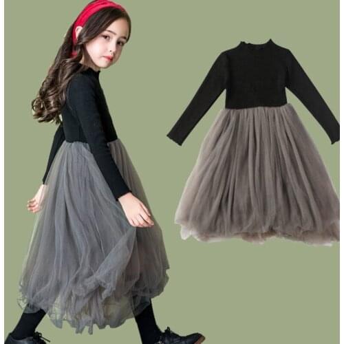 Vintage Winter Girls Dance Dress Christmas Kids Princess Mesh Dresses Solid Long Sleeves Girls Baby Clothing 4 5 7 9 11 13 Year