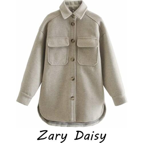 Zary Daisy 2021 Womens Loose and Simple Womens and Mens Pocket Split Medium Length Shirt Style Woolen Coats