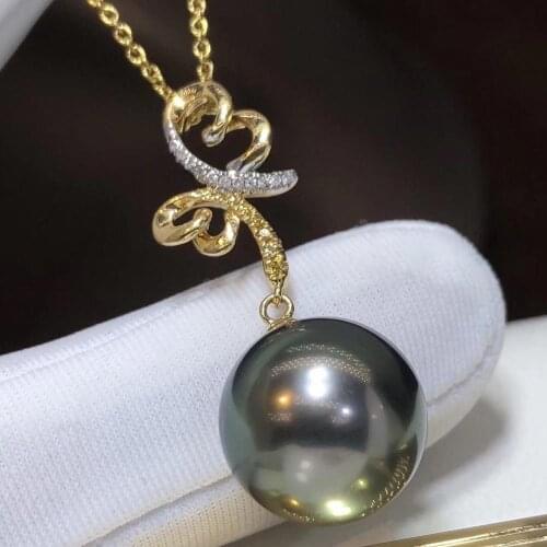 D330 Pearl Pendant Fine Jewelry Solid 18K Gold Natural Ocean Sea Tahiti Round Black Pearls Pendants Necklaces for Women