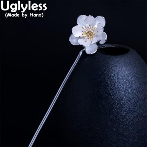 Uglyless Elegant Lotus Flower Hair Sticks for Women Charming Oriental Hair Jewelry Glossy Silver 925 Silver Floral Accessories