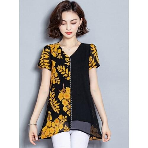 Women Tops Summer 2020 New blusas femininas elegante Plus Size L-5xL Short-Sleeved Printed Chiffon Women Blouse Shirts 661J