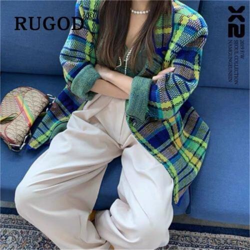 RUGOD Vintage Plaid Womans Thicken Coat 2020 Korean Casual Double Breasted Oversized Jackets Female All match Manteau YYQX09