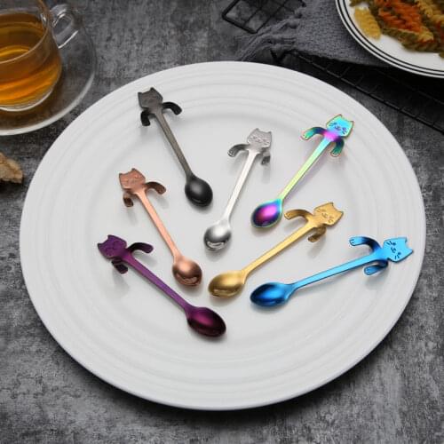 1Pcs Stainless Steel Cartoon Cat Spoon Creative Coffee Spoon Ice Cream Candy Teaspoon Kitchen Supplies Tableware 8 Colors