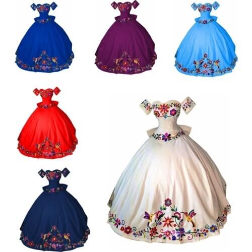 2021 Colorful Flowers Embroidery White Off the Shoulder Satin Mexican 15 Dresses Quinceanera Ball Gown For Fifteen Years Corset