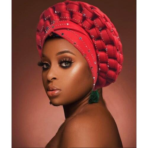 2021 African Aso Oke Headtie Diamonds Women Turban Cap Muslim Headscarf Bonnet Ready to Wear Hijab Turban Nigerian Wedding Gele