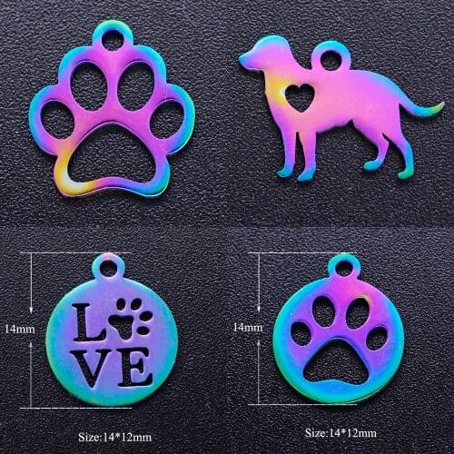 5pcs/lot 100% Stainless Steel Dog Paw Love Cat Print diy Charms With Rainbow Plated Wholesale Jewelry Making Pendant
