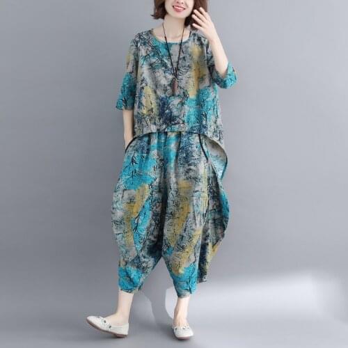 Oversized Vintage Women Suits 2021 Summer New Ruffles Floral Loose T-shirts and Harem Ankle Length Pants Female Pant Sets