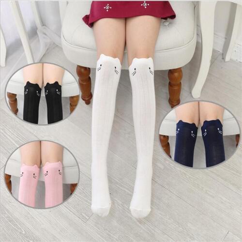 Kid Girls Socks Childrens Knee High Socks with Cat pattern Baby Leg Warmers Cotton Princess Style school girls long socks