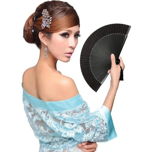 Black Silk Fan Vintage Chinese Japanese Style Folding Fan Art Craft Gift Home Decoration Ornaments Dance Hand Fan