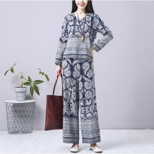 Elegant Women Vintage Sets 2021 Spring Autumn Loose Plus Size Printed Suit Ladies Clothing Tops Shirts And Long Wide Leg Pants