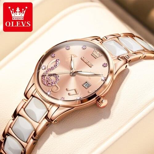 OLEVS New Fashion Casual Diamond Rose Gold Quartz Watch Ceramic Steel Band Waterproof Luminous Ladies Watches Female 3605