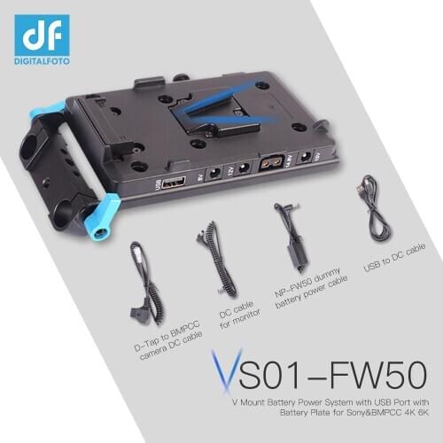 V Mount Battery Plate with 15mm Rod Clamp+D-Tap to BMPCC 4K 6K Cable+NP-FW50 Dummy Battery/LP-E6 for Sony/Canon Camera