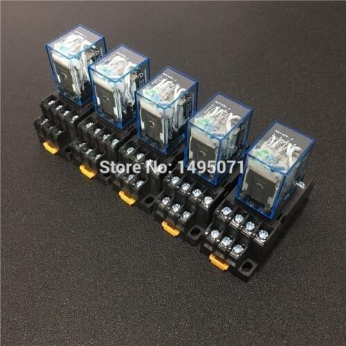 5 sets MY4NJ 12V DC 24V DC 110V AC 220V AC Power Relay Miniature General Purpose Relays 14 Pins 5A HH54P with PYF14A Socket Base