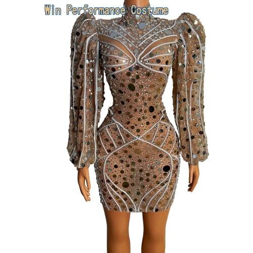Luxury Crystal Prom Dresses Long Sleeves Sheer Tulle See Through Short Women Sheath Evening Gowns Zipper Back 2021