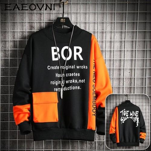 EAEOVNI Mens Letter Print Sweatshirt Patchwork Streetwear Hoodies for Men Crewneck Sweatshirts Spring and Autumn Top Pullover