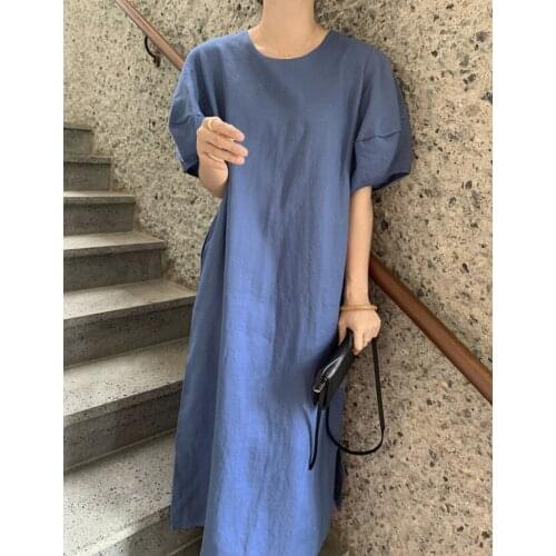 Vintage Dress Party Loose Fashionable Short-sleeved literary cotton and linen French lazy style puff sleeve loose dress