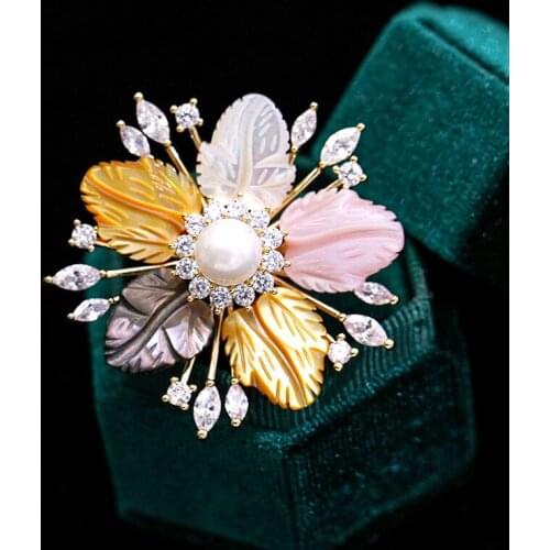 High Quality Sparkling Cubic Zirconia Hijab Pins Jewelry Fashion Luxury Shell Flower Brooch Pendant For Womens Clothing