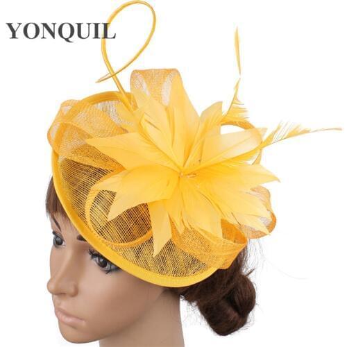 Yellow Sinamay Fashion Headpiece For Elegant Bridal Wedding Headwear Feather Flower Headpiece Mariage Bride Fascinators Hat