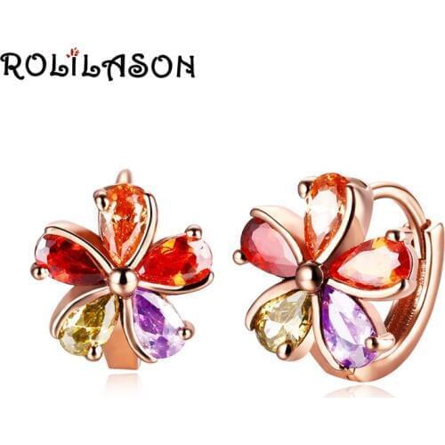 ROLILASON Romantic flower shaped color zircon rose gold color hoop earring dinner party daily office style women JE1191