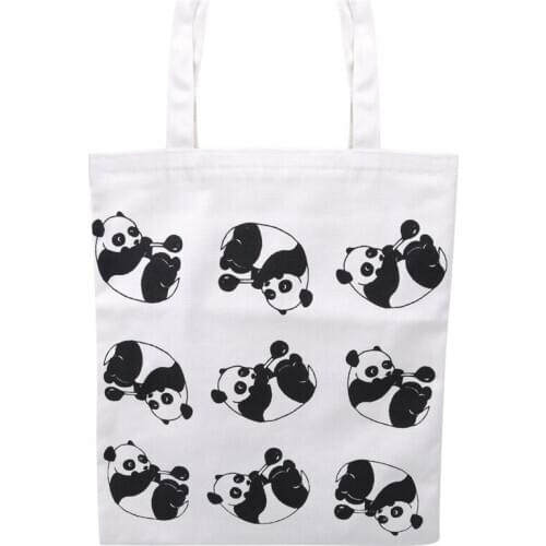 Women Shopping Bags Black White Cute Panda Pattern Practical Women Shoulder Bags Daily Use Canvas Shopping Bag Femme Zipper 28cm