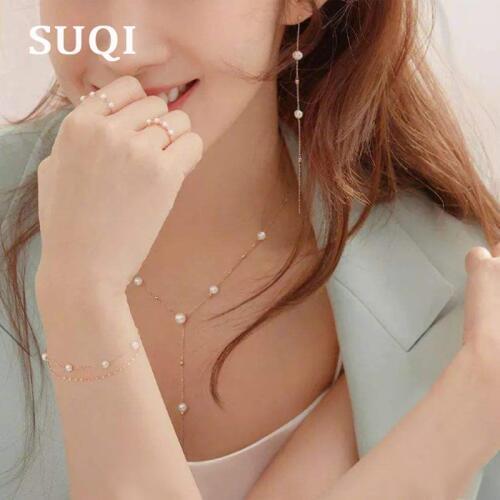 SUQI Non-toxic healthy stainless steel pearl set Necklace bracelet earrings Women gold Tassels Necklace Boho Femme jewelry 2019