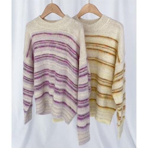 2021 SS Woman Wool Mohair Blend Striped Sweater Oversized O Neck Long Sleeves Pullovers Soft High Quality Jumpers