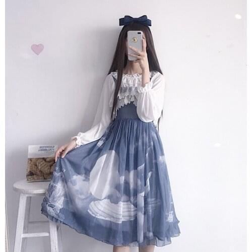 Gothic lolita dress women kawaii clothing loli stitching chiffon suspender dress + bottoming long-sleeved student white shirt