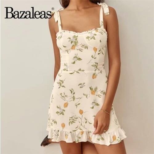 Bazaleas Vintage Adjust Spaghetti Strap Women Mini Dress Chic Yellow Floral Print Cream Dress Sexy Vestidos