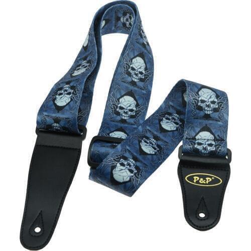 2" Soft Polyester Acoustic Electric Guitar Bass Adjustable Strap Blue with White Skull