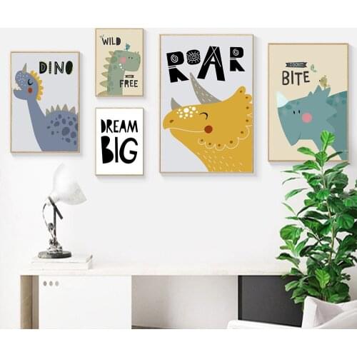 Abstract Dinosaur Baby Poster Cute Animal Art Print Big Dream Quotes Canvas Painting Nursery Pictures Nordic Boy Kids Room Decor
