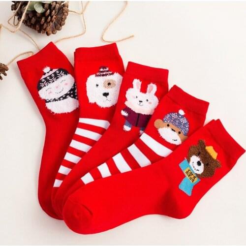 Anewmorn Autumn&winter Women Socks Rabbit Dog Bear Monkey Snowman Fashion Embroidery Animal Female Socks Warm Red Christmas Sox