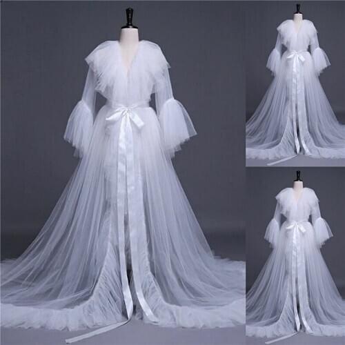 White Illusion Ruffles Tulle Long Sleeve Bridal Wedding Sexy Kimono Pregnant Party Sleepwear Women Bathrobe Sheer Nightgown Robe
