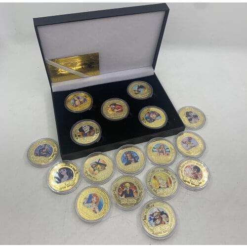 5pcs/set Japanese Anime One Piece coin Monkey Luffy Grandline gold plated coin for kids gift Coins with Nice Box souvenir
