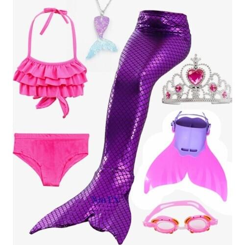 7Pieces Girls Mermaid Tails For Swimming Costume Kids With Monofin Fin Flipper Swimmable Children Swimwear Set