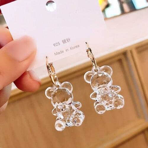 Elegant Mini Cute Acrylic Bears Drop Earrings Women Gold Color Round Transparent Bear Dangle Earring Party Wedding Jewelry B080