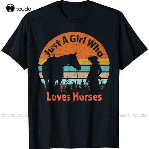 New Just A Girl Who Loves Her Horse Retro Sunset Silhouette Gift T-Shirt Cotton Tee Shirt