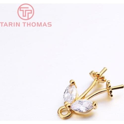 4PCS 9x16MM 24K Gold Color Plated Brass with Zircon Flower with Pins Charms Pendants High Quality Diy Jewelry Accessories