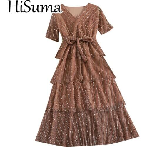 HISUMA Summer Women V-Neck Bling Sequin Ball Gown Chic Dress Lady Elastic Slim Bandage Lace Up Bow Sashes Party Layer Cake Dress