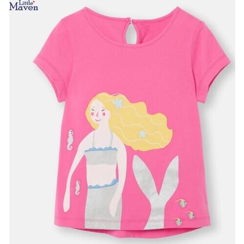 Little Maven Children 2021 Summer New Baby Girl Tee Tops Kids Summer 2-7 Years Clothes Mermaid Print Brand Cotton T Shirt 51896