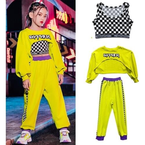 Fashion Girls Hip Hop Clothes Yellow Loose Top Hiphop Pants Suit Jazz Dance Costumes Practice Clothes Stage Rave Clothes DQS6237