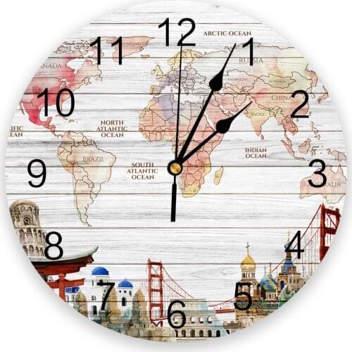 Wood Board World Map Famous Buildings Wall Clock Kitchen Home Living Room Bedroom Decorative Kids Room Wall Decor Hanging Clocks
