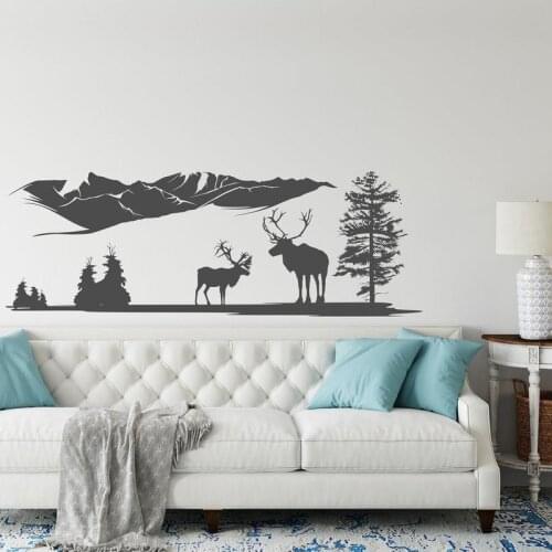Deers & Mountains Wall Decal Nature Vinyl Sticker, Pine Tree Decal, Landscape Woodland Art Decor, Large Deer Wall Art 2192