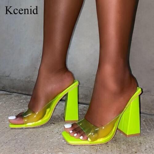 Kcenid Sexy Transparent Womens Slippers 2021 Open Toe Square Heel Slides High Heels Women Shoes Fashion Sandals Candy Colors