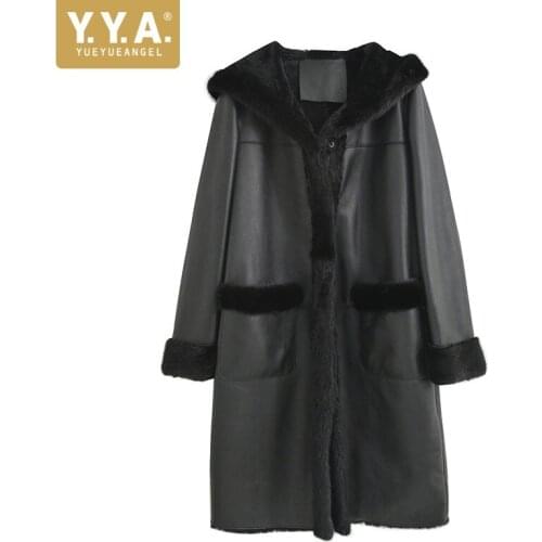 Luxury Winter Ladies Mink Fur Hooded Coat Elegant Long Sleeve Straight Real Fur Overcoat Fashion Office Lady Black Warm Outwear